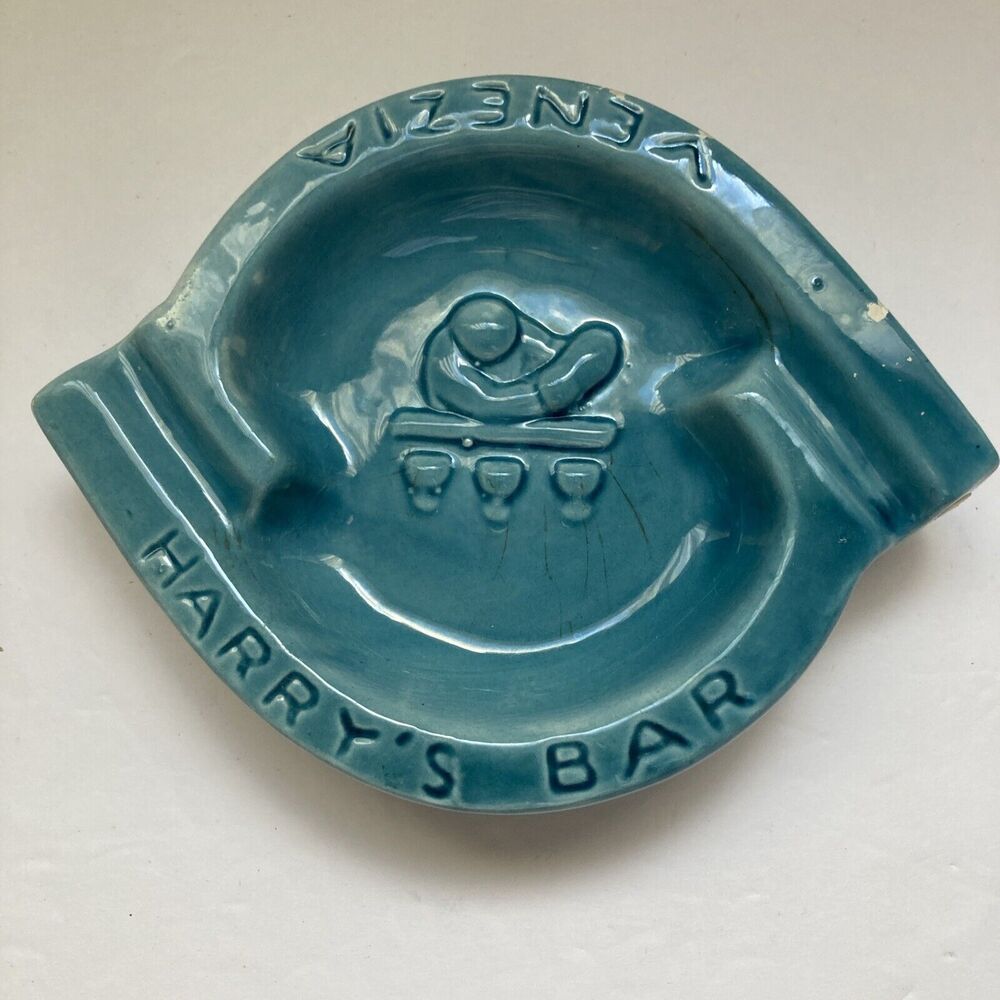 Vintage Harry's Bar Venezia Italy Ceramic Ashtray Light Blue Teal FLAWS, READ